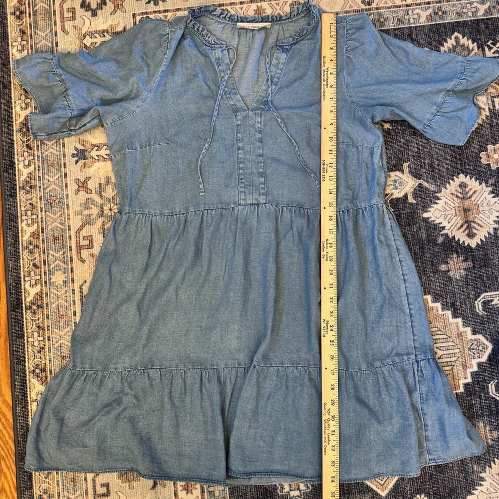 LOFT Linen Blend Blue Denim Tiered Short Sleeve Dress Size Large - Picture 9 of 9